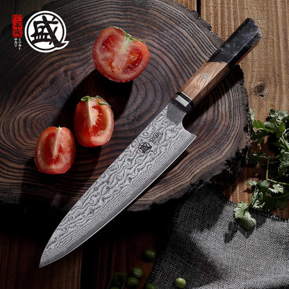 8 inch Kiritsuke Chef Knife & Japanese Sushi Knife, Hand Forged AUS-10 Damascus Steel with Shadowwood Handle & Sandalwood Box