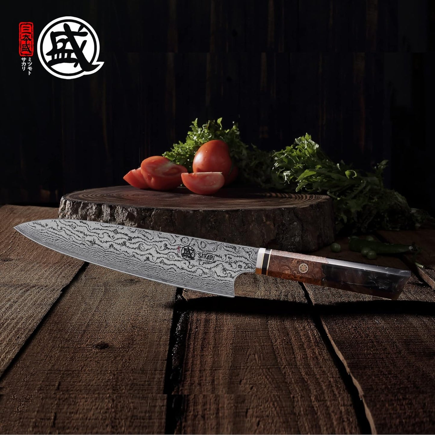 8 inch Kiritsuke Chef Knife & Japanese Sushi Knife, Hand Forged AUS-10 Damascus Steel with Shadowwood Handle & Sandalwood Box