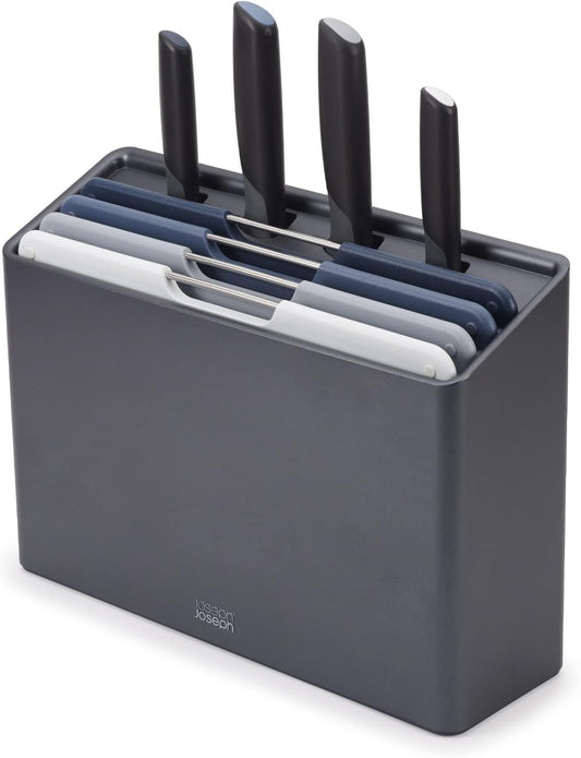 Folio Icon 8-Piece Colour coded Cutting Board Set with Japanese Stainless Steel Knives, Slimline case for organized storage, Graphite