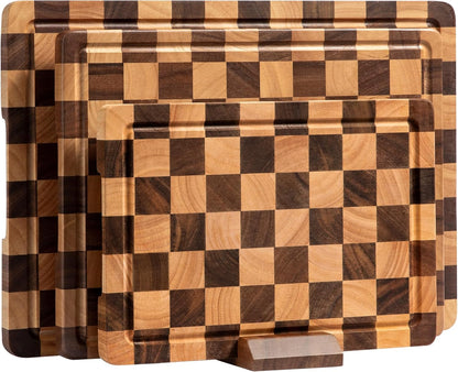 Checkered Cutting Boards for Kitchen, Wooden Cutting Board Set, Acacia Chopping Board with Juice Grooves & Handles, Butcher Block Serving Tray for Meat, Vegetables and Fruits, 3pcs