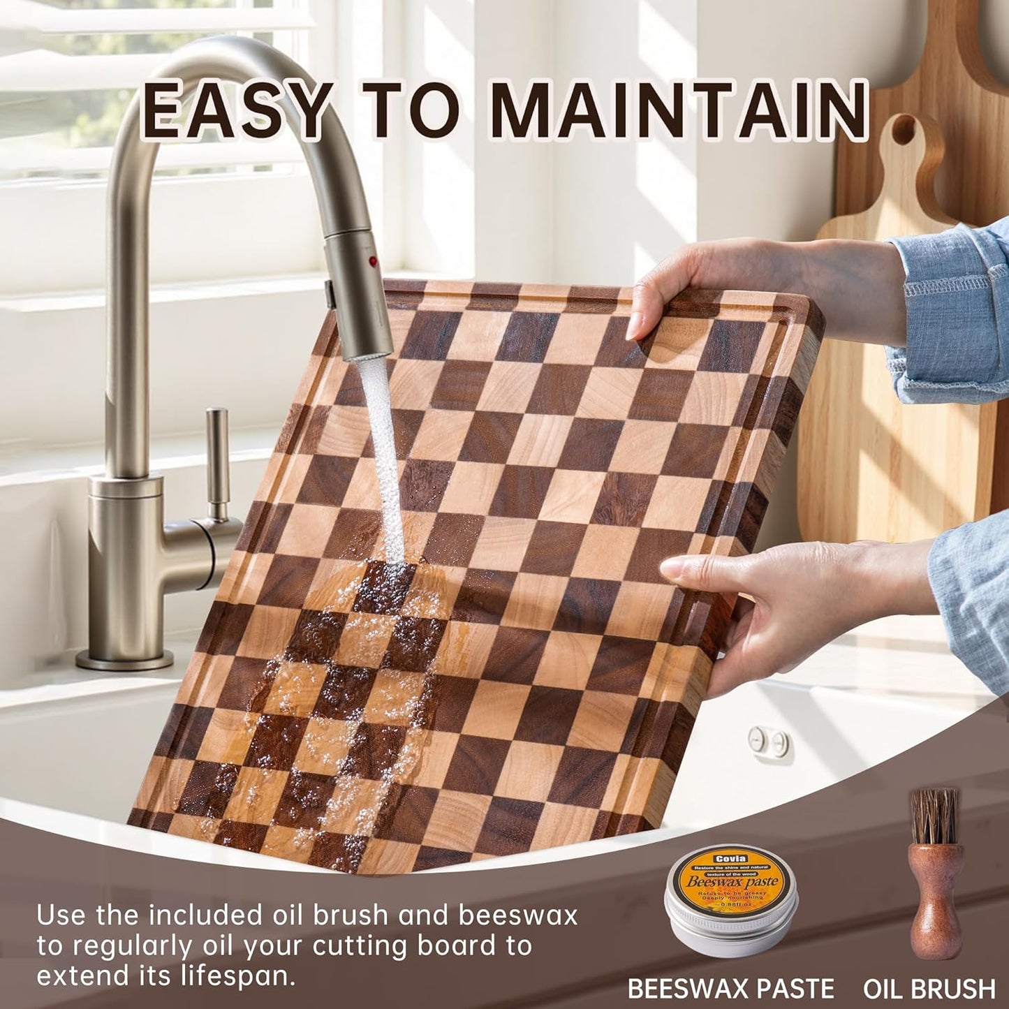 Checkered Cutting Boards for Kitchen, Wooden Cutting Board Set, Acacia Chopping Board with Juice Grooves & Handles, Butcher Block Serving Tray for Meat, Vegetables and Fruits, 3pcs