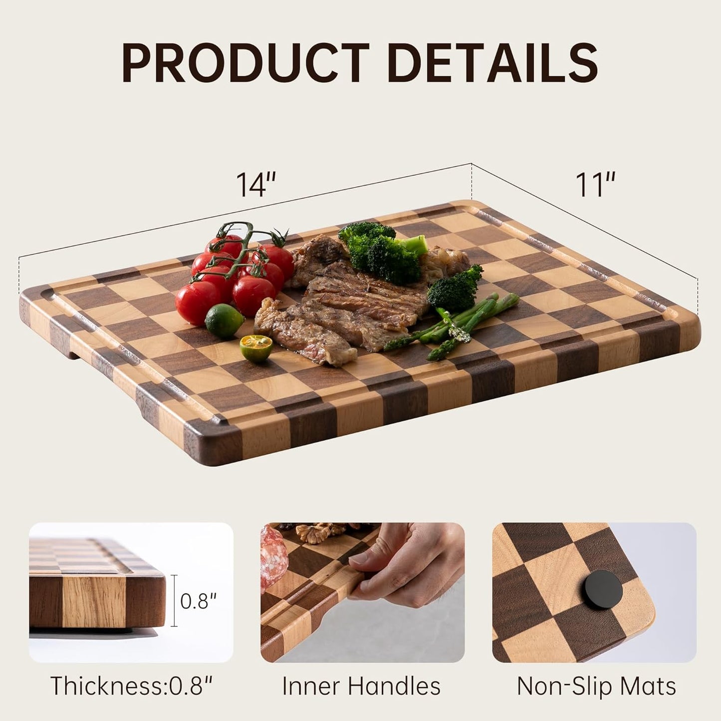 Checkered Cutting Boards for Kitchen, Wooden Cutting Board Set, Acacia Chopping Board with Juice Grooves & Handles, Butcher Block Serving Tray for Meat, Vegetables and Fruits, 3pcs