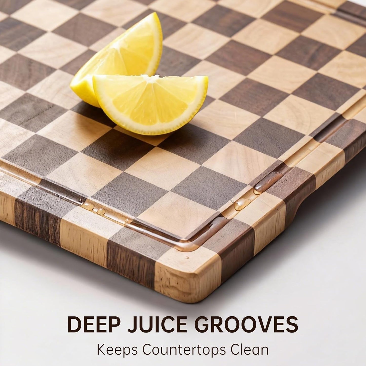 Checkered Cutting Boards for Kitchen, Wooden Cutting Board Set, Acacia Chopping Board with Juice Grooves & Handles, Butcher Block Serving Tray for Meat, Vegetables and Fruits, 3pcs