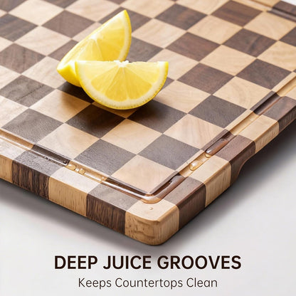 Checkered Cutting Boards for Kitchen, Wooden Cutting Board Set, Acacia Chopping Board with Juice Grooves & Handles, Butcher Block Serving Tray for Meat, Vegetables and Fruits, 3pcs