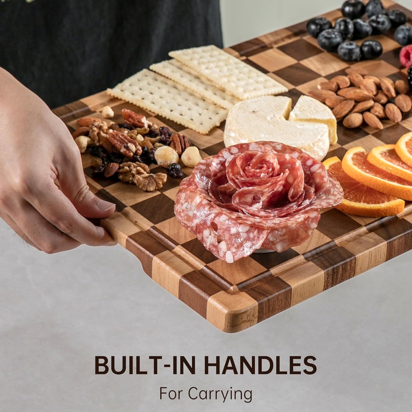 Checkered Cutting Boards for Kitchen, Wooden Cutting Board Set, Acacia Chopping Board with Juice Grooves & Handles, Butcher Block Serving Tray for Meat, Vegetables and Fruits, 3pcs