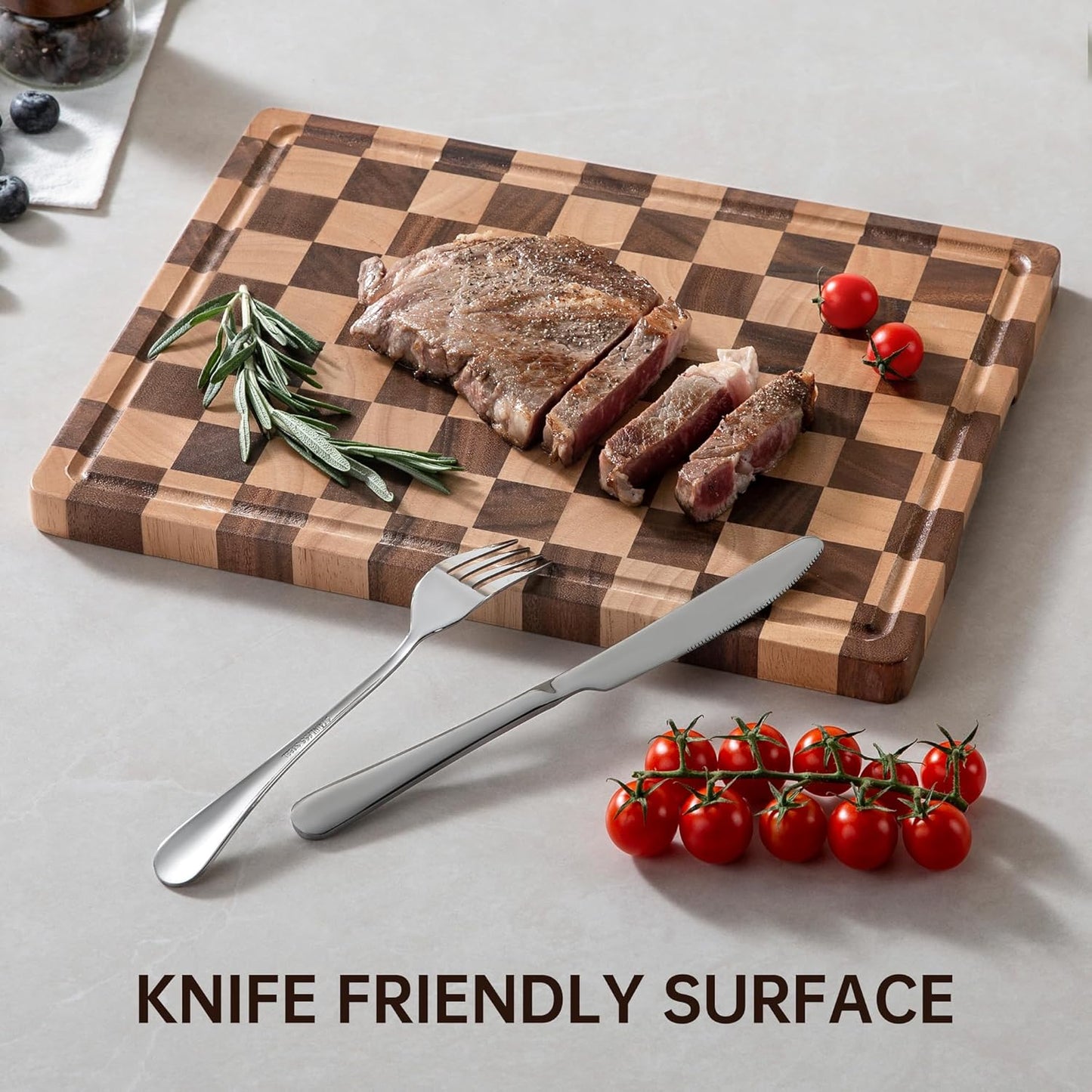 Checkered Cutting Boards for Kitchen, Wooden Cutting Board Set, Acacia Chopping Board with Juice Grooves & Handles, Butcher Block Serving Tray for Meat, Vegetables and Fruits, 3pcs