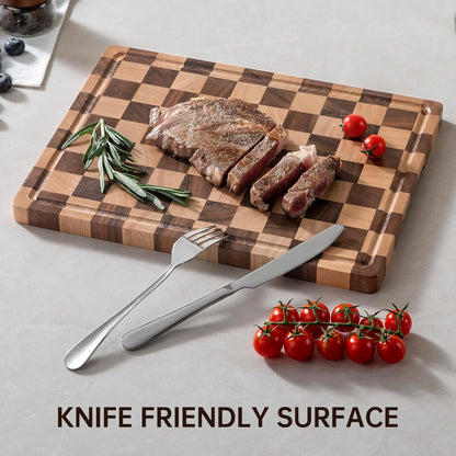 Checkered Cutting Boards for Kitchen, Wooden Cutting Board Set, Acacia Chopping Board with Juice Grooves & Handles, Butcher Block Serving Tray for Meat, Vegetables and Fruits, 3pcs