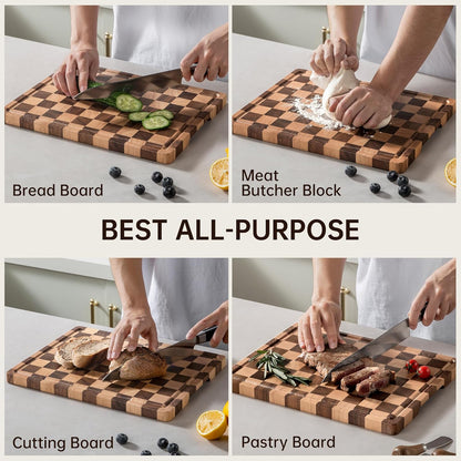 Checkered Cutting Boards for Kitchen, Wooden Cutting Board Set, Acacia Chopping Board with Juice Grooves & Handles, Butcher Block Serving Tray for Meat, Vegetables and Fruits, 3pcs
