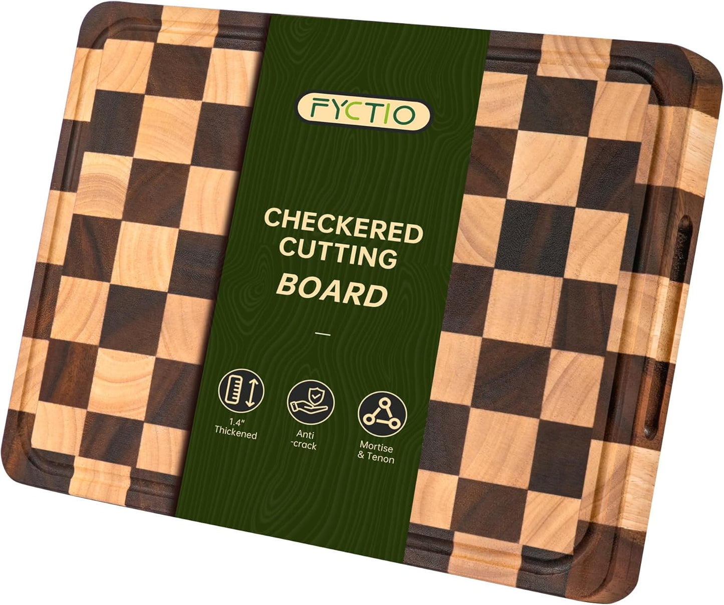 Checkered Cutting Boards for Kitchen, Wooden Cutting Board Set, Acacia Chopping Board with Juice Grooves & Handles, Butcher Block Serving Tray for Meat, Vegetables and Fruits, 3pcs