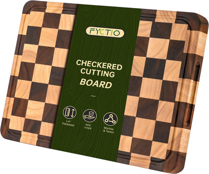 Checkered Cutting Boards for Kitchen, Wooden Cutting Board Set, Acacia Chopping Board with Juice Grooves & Handles, Butcher Block Serving Tray for Meat, Vegetables and Fruits, 3pcs
