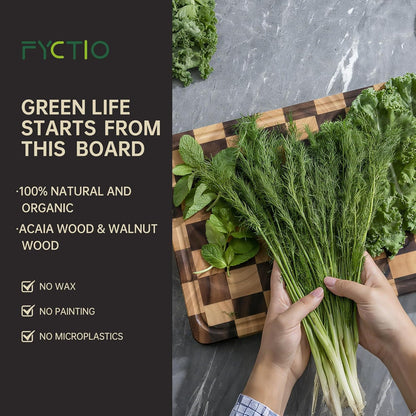 Checkered Cutting Boards for Kitchen, Wooden Cutting Board Set, Acacia Chopping Board with Juice Grooves & Handles, Butcher Block Serving Tray for Meat, Vegetables and Fruits, 3pcs
