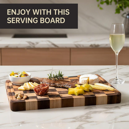 Checkered Cutting Boards for Kitchen, Wooden Cutting Board Set, Acacia Chopping Board with Juice Grooves & Handles, Butcher Block Serving Tray for Meat, Vegetables and Fruits, 3pcs
