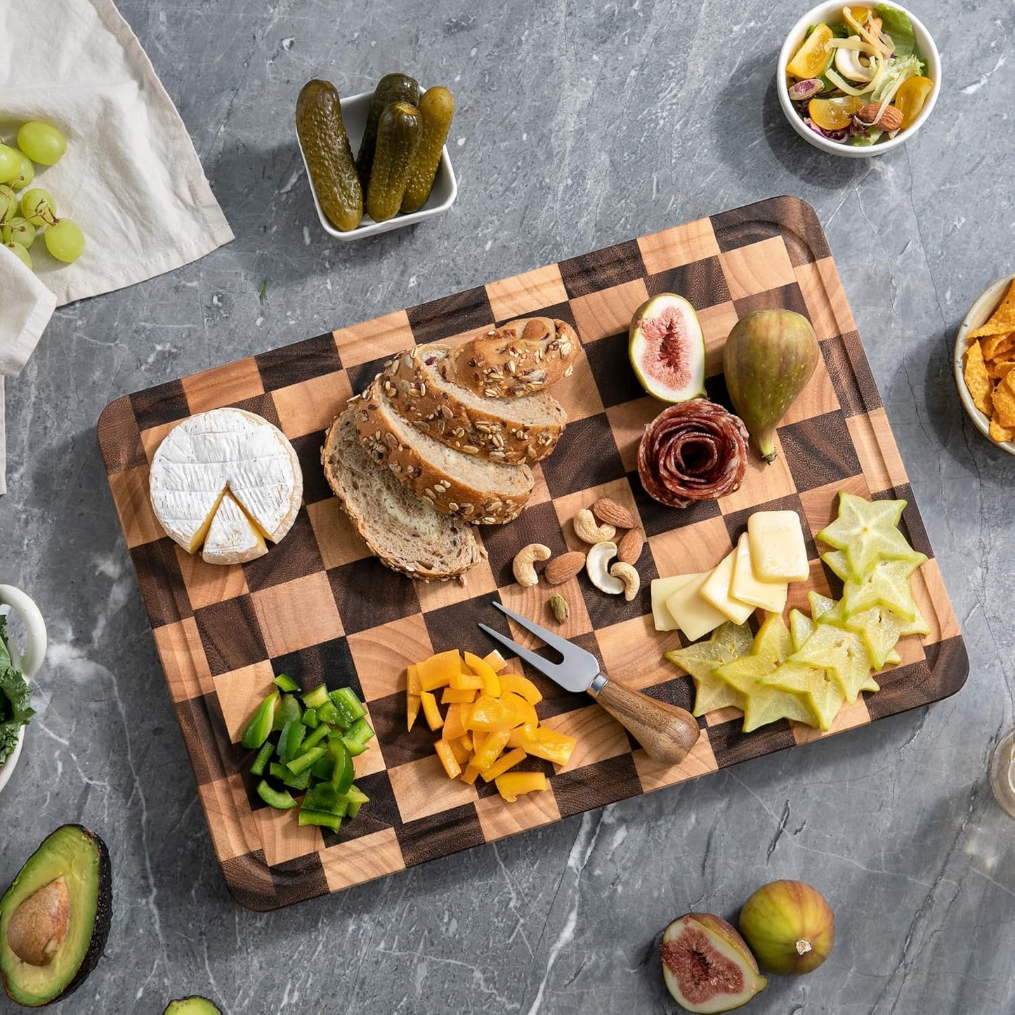 Checkered Cutting Boards for Kitchen, Wooden Cutting Board Set, Acacia Chopping Board with Juice Grooves & Handles, Butcher Block Serving Tray for Meat, Vegetables and Fruits, 3pcs