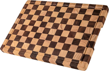 Checkered Cutting Boards for Kitchen, Wooden Cutting Board Set, Acacia Chopping Board with Juice Grooves & Handles, Butcher Block Serving Tray for Meat, Vegetables and Fruits, 3pcs