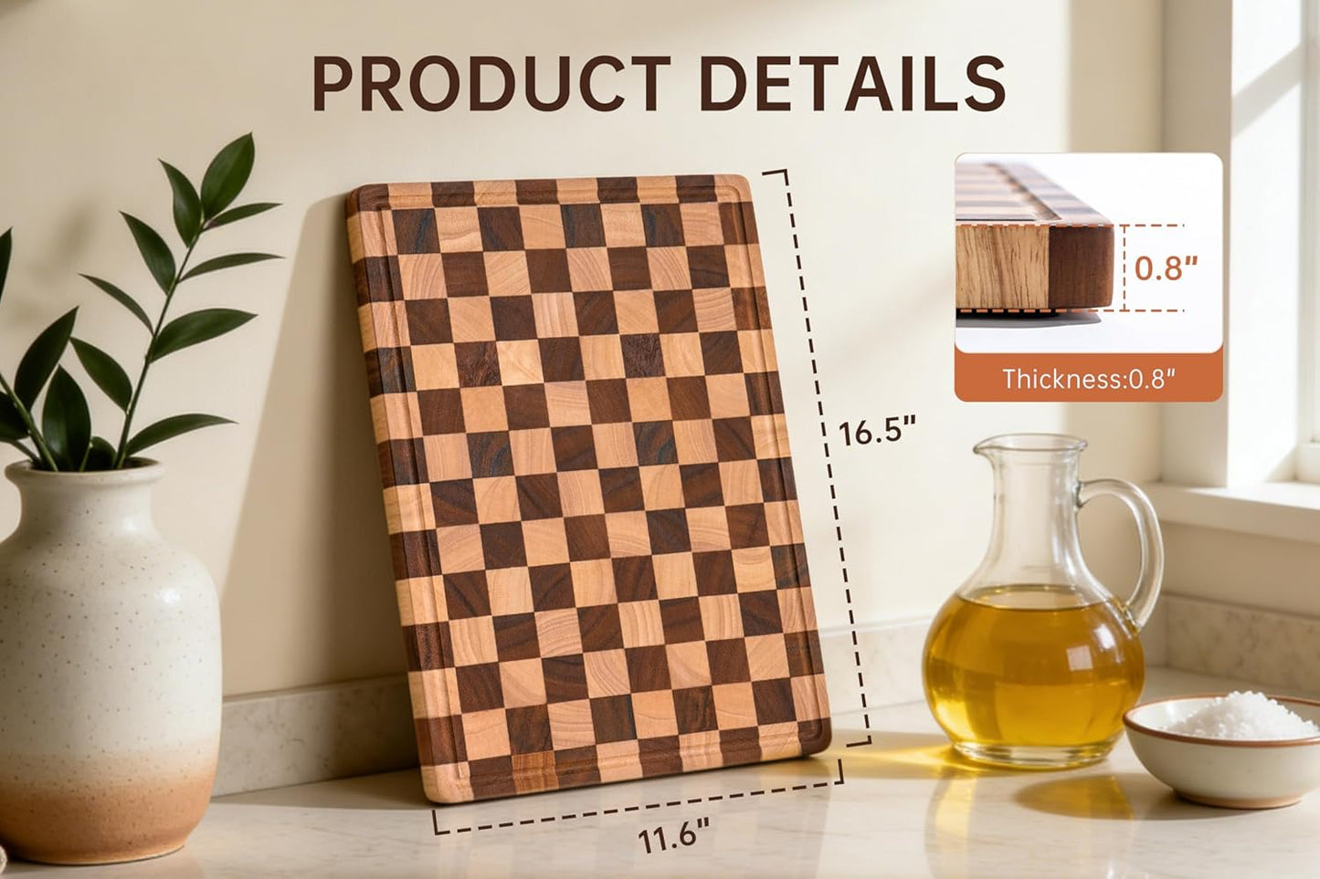 Checkered Cutting Boards for Kitchen, Wooden Cutting Board Set, Acacia Chopping Board with Juice Grooves & Handles, Butcher Block Serving Tray for Meat, Vegetables and Fruits, 3pcs