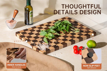 Checkered Cutting Boards for Kitchen, Wooden Cutting Board Set, Acacia Chopping Board with Juice Grooves & Handles, Butcher Block Serving Tray for Meat, Vegetables and Fruits, 3pcs