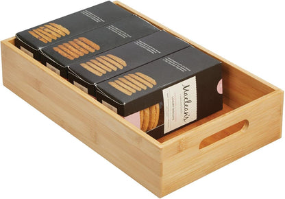 Kitchen Storage Box – Open-Top Bamboo Storage Tray with Handles – Versatile Cupboard Organiser for Shelves, Pantries, Surfaces and Cupboards – Natural