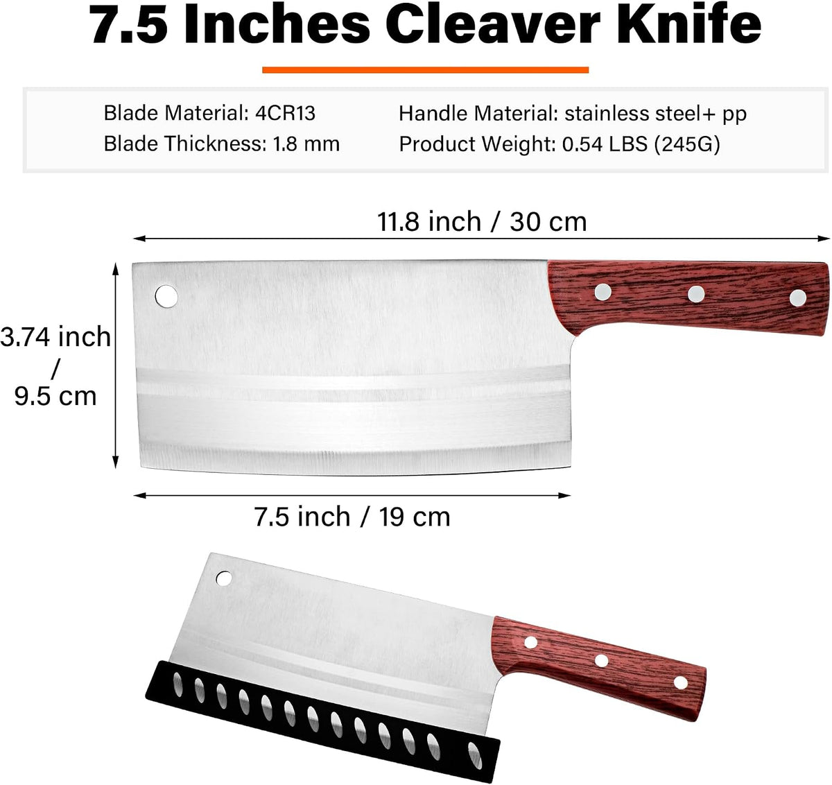 Meat Cleaver Knife 7.4 Inch, Ultra Sharp Chinese Chef's Knives, Full-tang Chopping Knife, 30Cr13 Steel Blade Thickness 2.5 mm, TJ SEGA Series TC1707