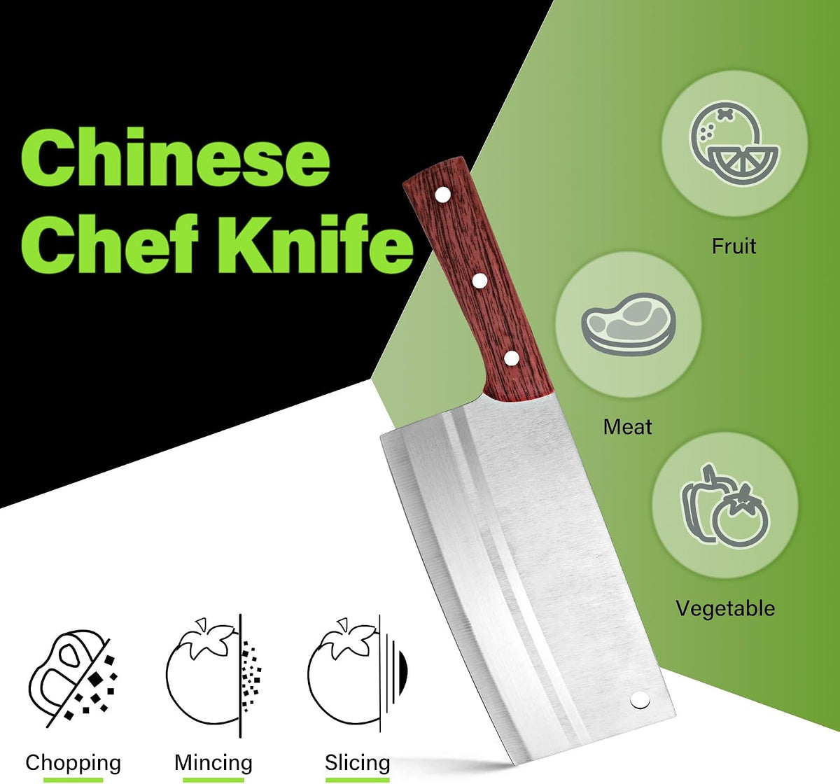 Meat Cleaver Knife 7.4 Inch, Ultra Sharp Chinese Chef's Knives, Full-tang Chopping Knife, 30Cr13 Steel Blade Thickness 2.5 mm, TJ SEGA Series TC1707