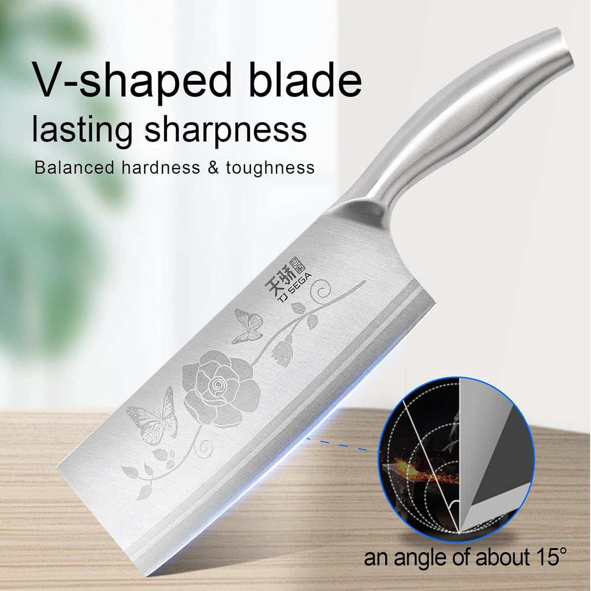 Meat Cleaver Knife 7.4 Inch, Ultra Sharp Chinese Chef's Knives, Full-tang Chopping Knife, 30Cr13 Steel Blade Thickness 2.5 mm, TJ SEGA Series TC1707