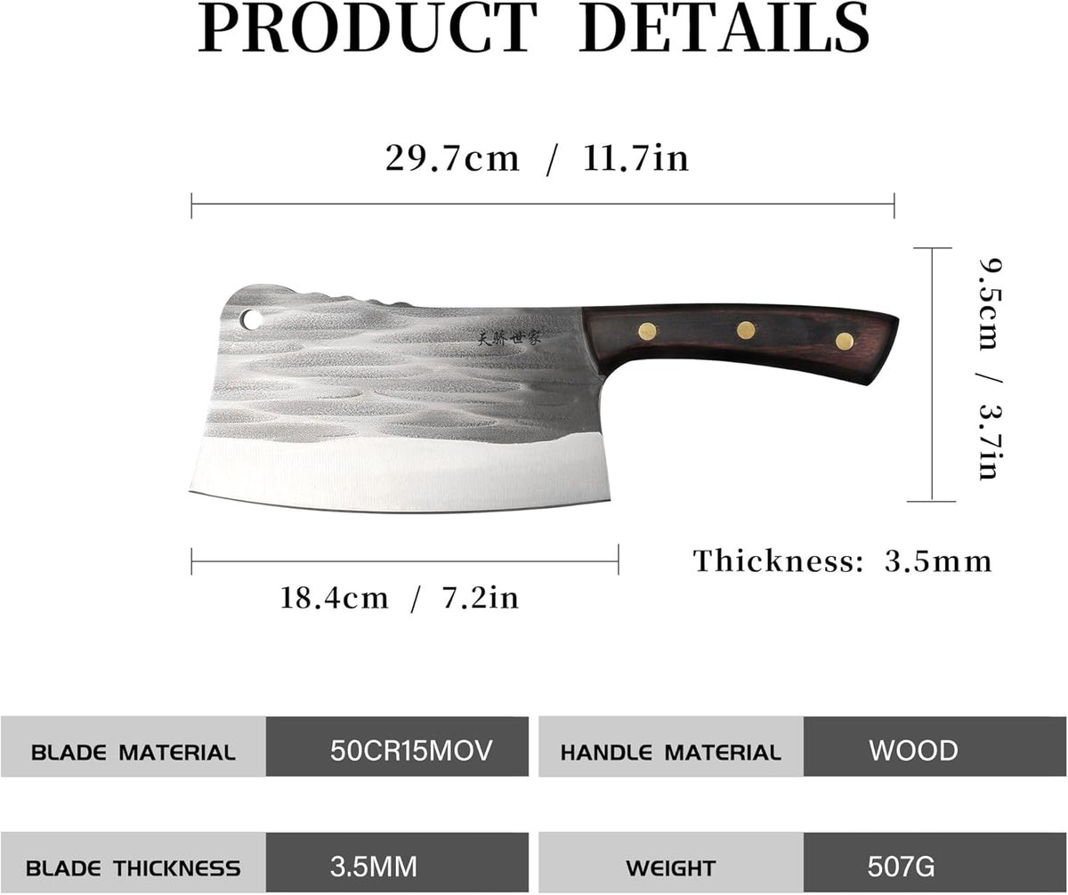 Meat Cleaver Knife 7.4 Inch, Ultra Sharp Chinese Chef's Knives, Full-tang Chopping Knife, 30Cr13 Steel Blade Thickness 2.5 mm, TJ SEGA Series TC1707