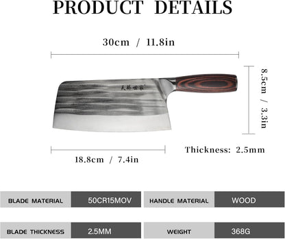 Meat Cleaver Knife 7.4 Inch, Ultra Sharp Chinese Chef's Knives, Full-tang Chopping Knife, 30Cr13 Steel Blade Thickness 2.5 mm, TJ SEGA Series TC1707