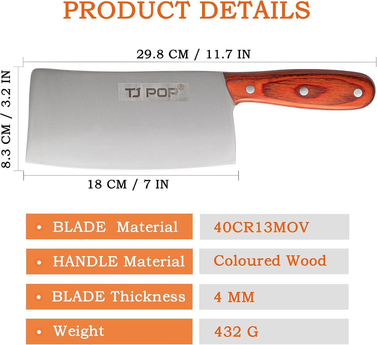 Meat Cleaver Knife 7.4 Inch, Ultra Sharp Chinese Chef's Knives, Full-tang Chopping Knife, 30Cr13 Steel Blade Thickness 2.5 mm, TJ SEGA Series TC1707