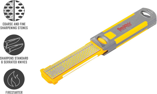 Smith's 51178 Pack-Pal 4" Diamond Combination Sharpener – Retractable 2-Sided Stone Camping Knife Sharpener – Straight & Serrated Blades - Lightweight, Compact, Handheld - Fire Starter – Hiking Tool