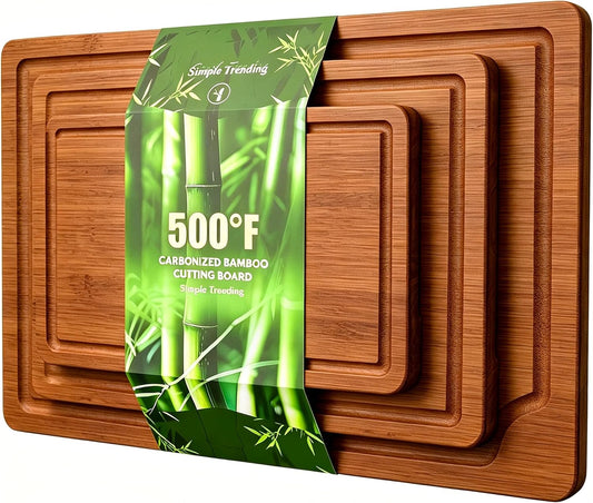 Bamboo Cutting Boards for Kitchen, Durable Chopping Boards with Deep Juice Grooves, Set of 3 Butcher Block for Meat, Vegetables and Fruits