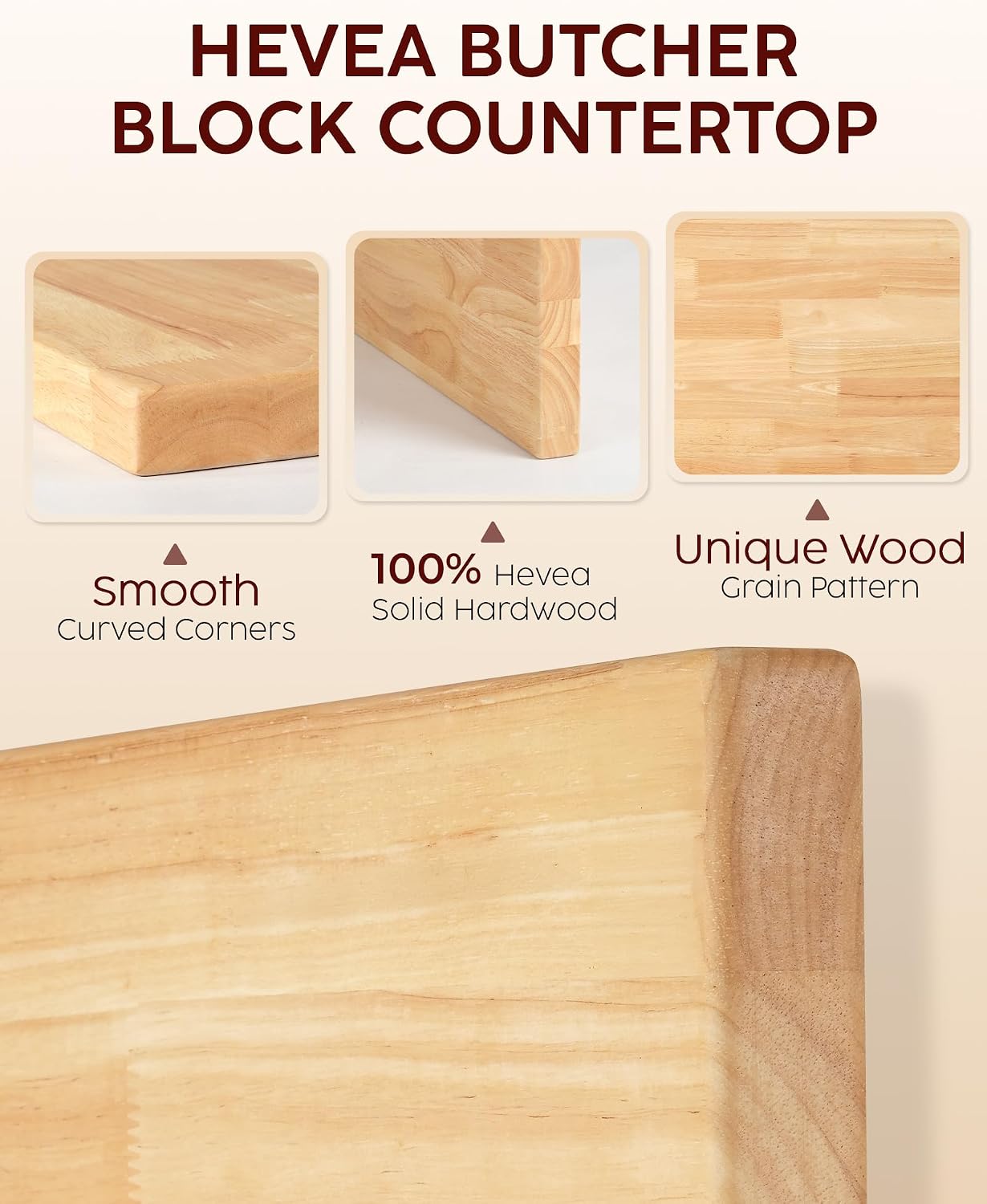 Hevea Butcher Block Countertop, 25"×24"×1.5" Unfinished Wood Table Top