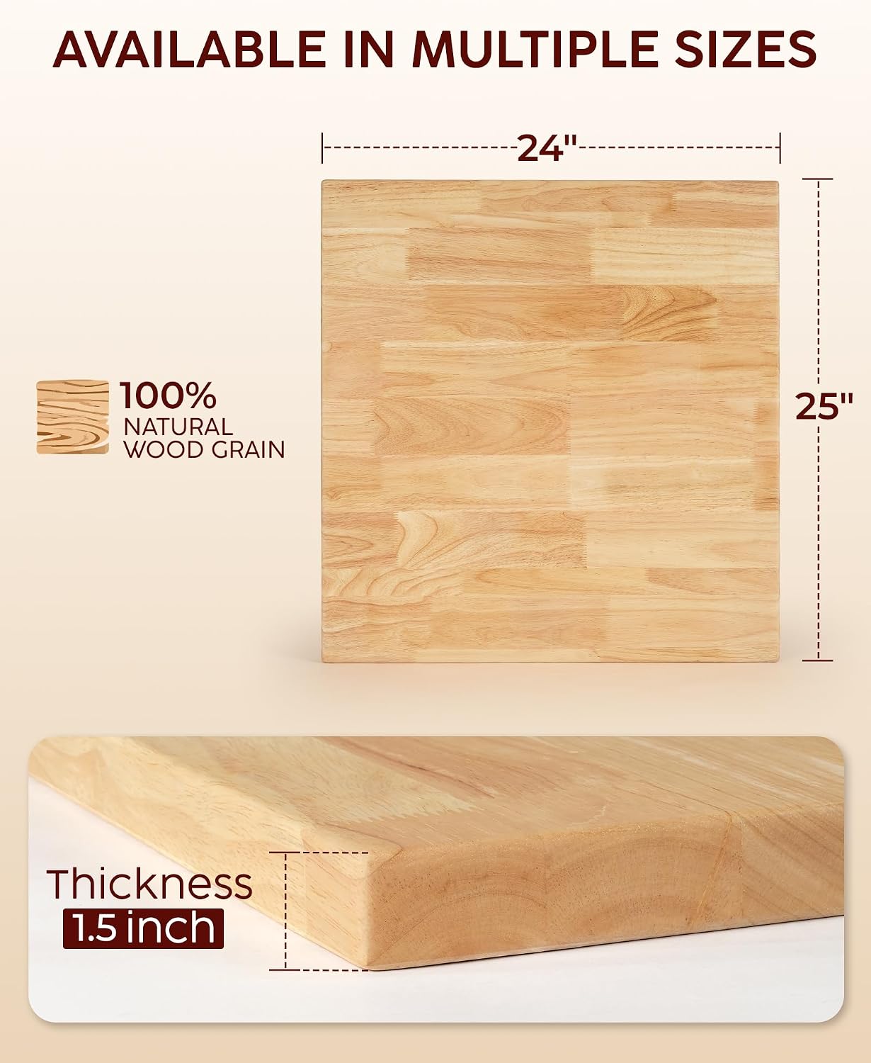 Hevea Butcher Block Countertop, 25"×24"×1.5" Unfinished Wood Table Top