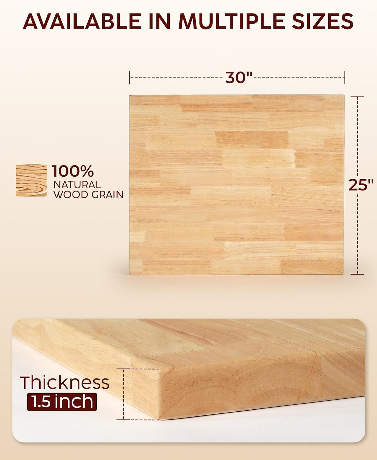 Hevea Butcher Block Countertop, 25"×24"×1.5" Unfinished Wood Table Top