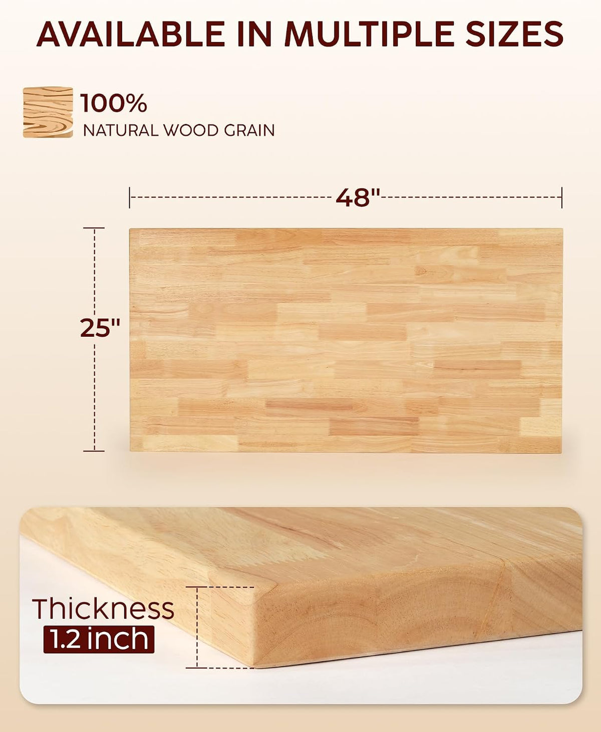 Hevea Butcher Block Countertop, 25"×24"×1.5" Unfinished Wood Table Top