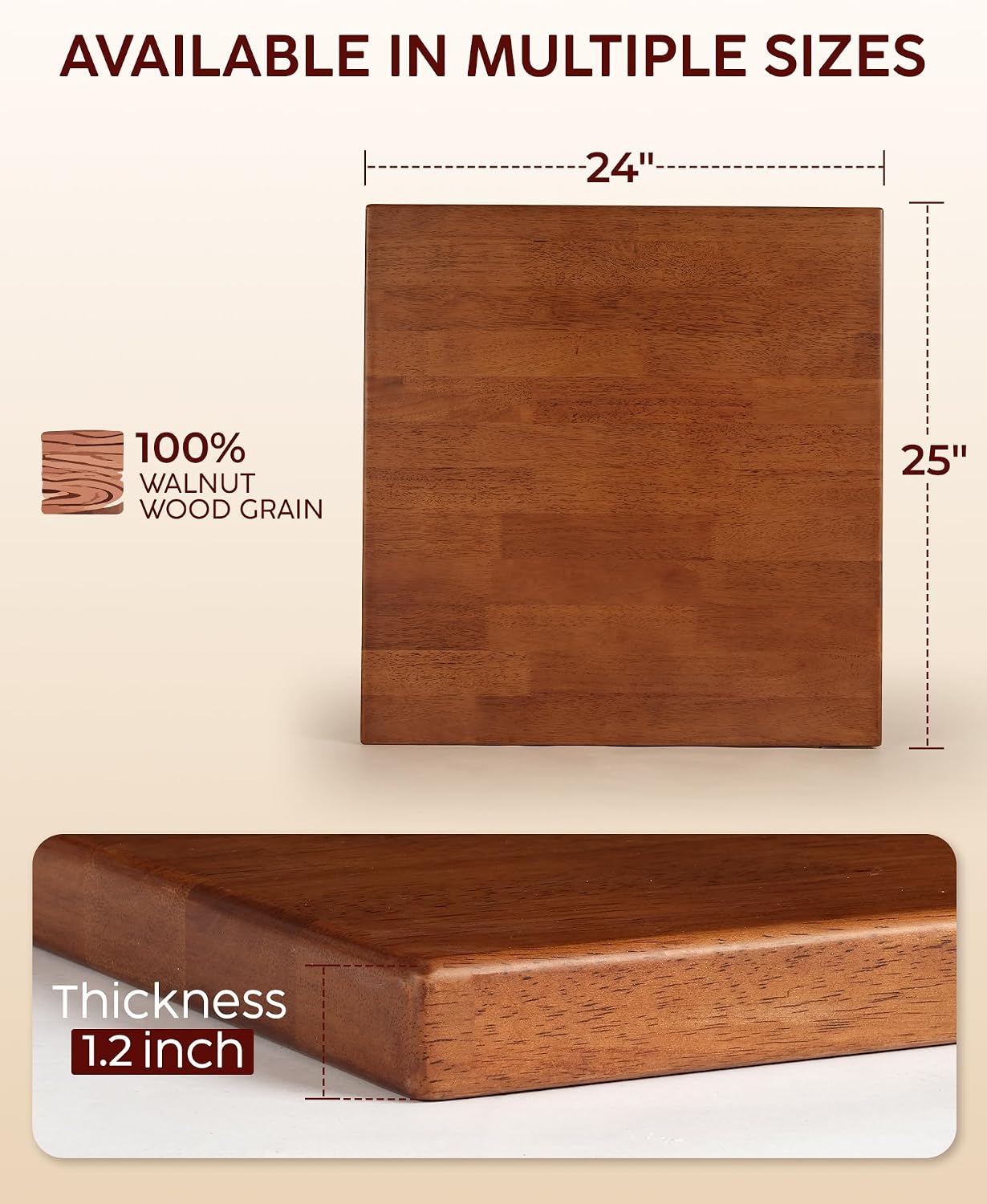 Hevea Butcher Block Countertop, 25"×24"×1.5" Unfinished Wood Table Top