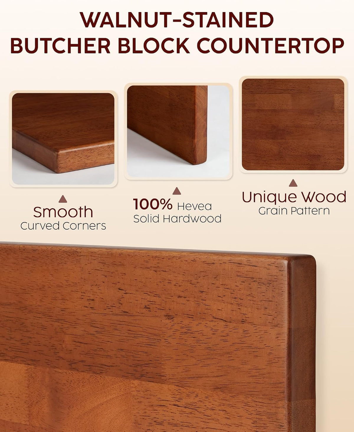 Hevea Butcher Block Countertop, 25"×24"×1.5" Unfinished Wood Table Top