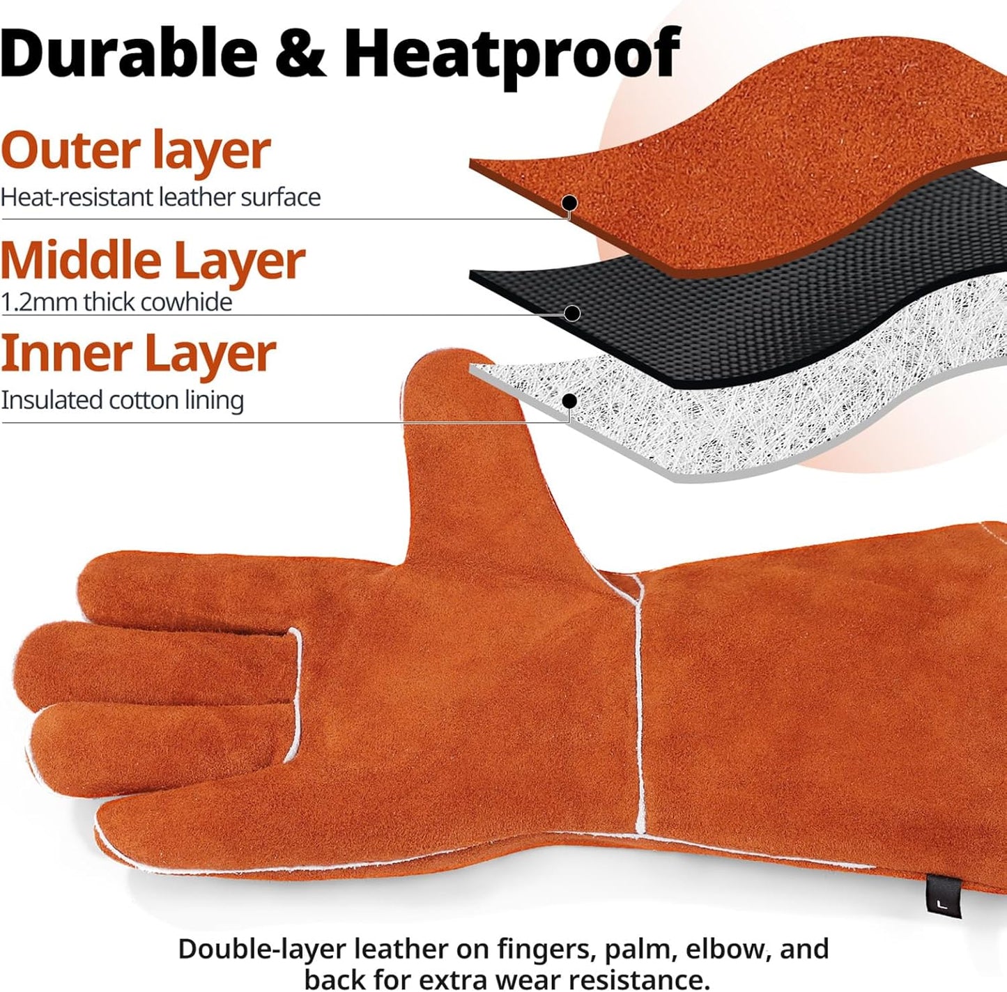 Welding Gloves Fire Heat Resistant 14IN Fireproof Leather for Welding Fire Pit Wood Stove Campfire Furnace BBQ Baking,Grill Oven Stick Mig Tig Gear Gift for Man L