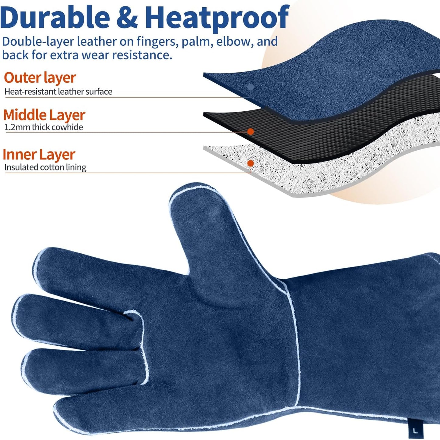 Welding Gloves Fire Heat Resistant 14IN Fireproof Leather for Welding Fire Pit Wood Stove Campfire Furnace BBQ Baking,Grill Oven Stick Mig Tig Gear Gift for Man L