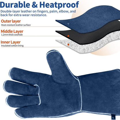 Welding Gloves Fire Heat Resistant 14IN Fireproof Leather for Welding Fire Pit Wood Stove Campfire Furnace BBQ Baking,Grill Oven Stick Mig Tig Gear Gift for Man L