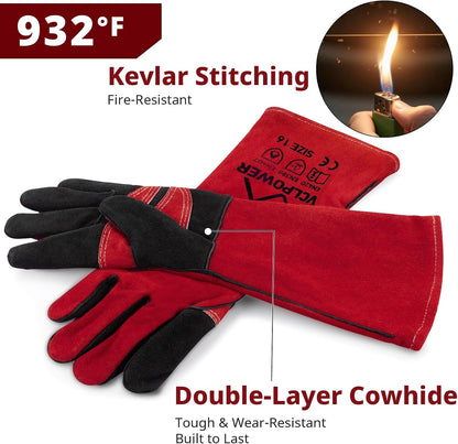 Welding Gloves Fire Heat Resistant 14IN Fireproof Leather for Welding Fire Pit Wood Stove Campfire Furnace BBQ Baking,Grill Oven Stick Mig Tig Gear Gift for Man L