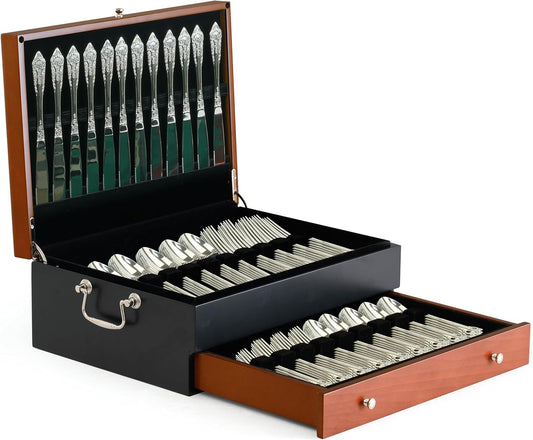 Silverware Storage Box Silverware Chest Case for Silver Flatware with Lid | Serves 14 With Tarnish Proof Dual Tone Outer Finish Felt Lining Inside and Drawer Includes Silver Polishing Cloth