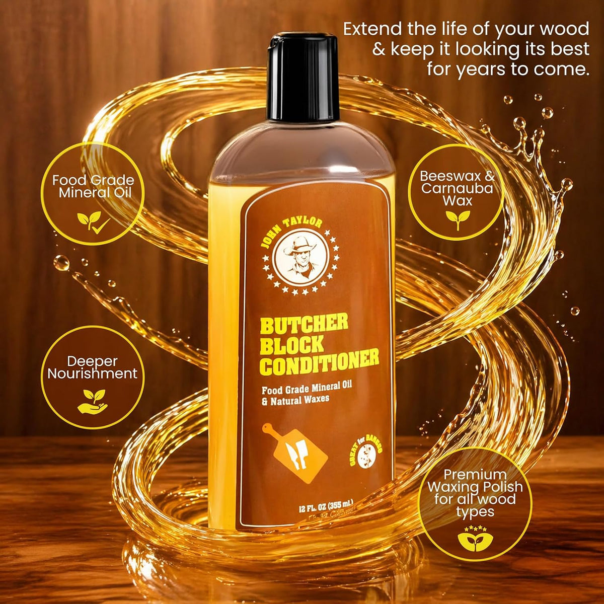 John Taylor Food Grade Mineral Oil Cutting Board Oil Wood Conditioner -12oz