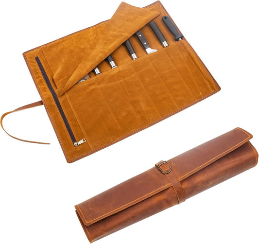 Leather Knife Roll, Chef Knife Roll Bag, Knives Carrying Case, Culinary Tools Carrying Storage, Portable Travel Storage with 7 Slots & Zipper, Gifts for Chef (Brown)
