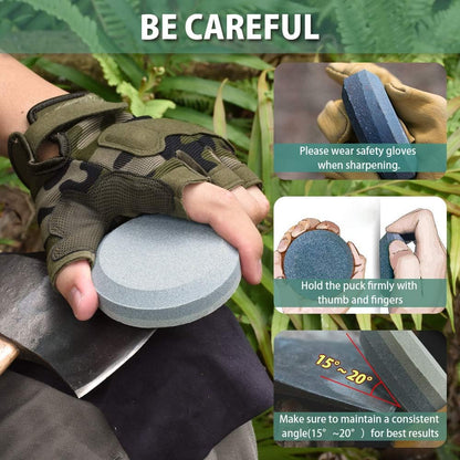 Axe/Hatchet Sharpening Puck Whetstone Knife Sharpening Stone | Dual Grit Multi-Purpose Sharpener with Sheath Small Axe Sharpener Bushcraft Gear Outdoorsmen Woodworking Gifts Christmas