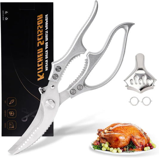 Heavy Duty Poultry Shears Chicken Turkey Fish Veg Bone Cut | Spring Rebound Safety Lock Non-Slip Alu Grip Rustproof Mo-V Blade Fish Scaler Dishwasher Safe Bonus Lemon Squeezer Nut Opener
