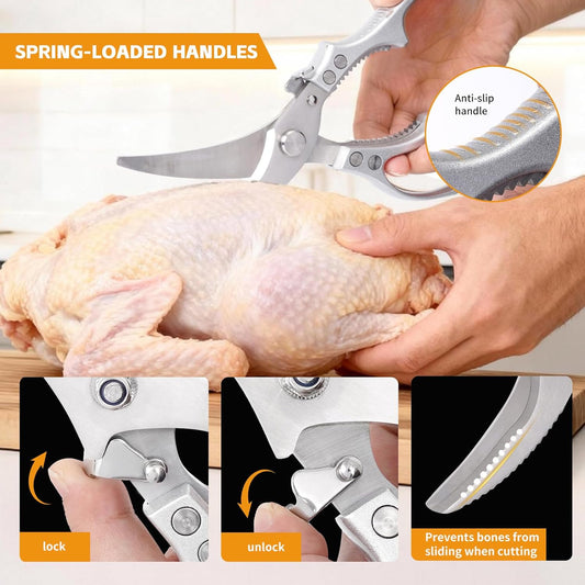 Heavy Duty Poultry Shears Chicken Turkey Fish Veg Bone Cut | Spring Rebound Safety Lock Non-Slip Alu Grip Rustproof Mo-V Blade Fish Scaler Dishwasher Safe Bonus Lemon Squeezer Nut Opener