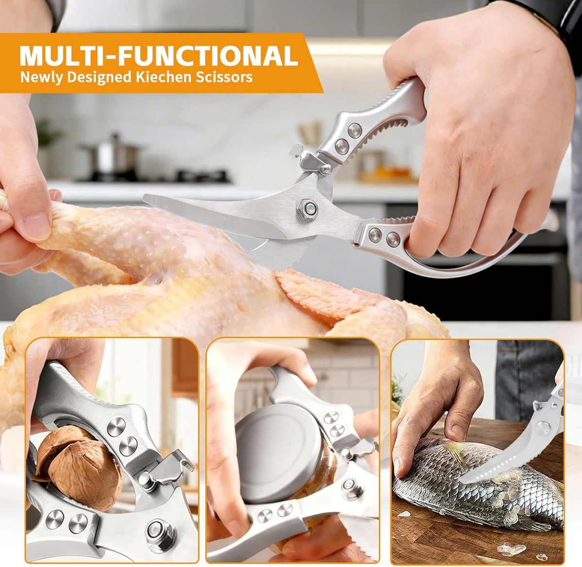 Heavy Duty Poultry Shears Chicken Turkey Fish Veg Bone Cut | Spring Rebound Safety Lock Non-Slip Alu Grip Rustproof Mo-V Blade Fish Scaler Dishwasher Safe Bonus Lemon Squeezer Nut Opener
