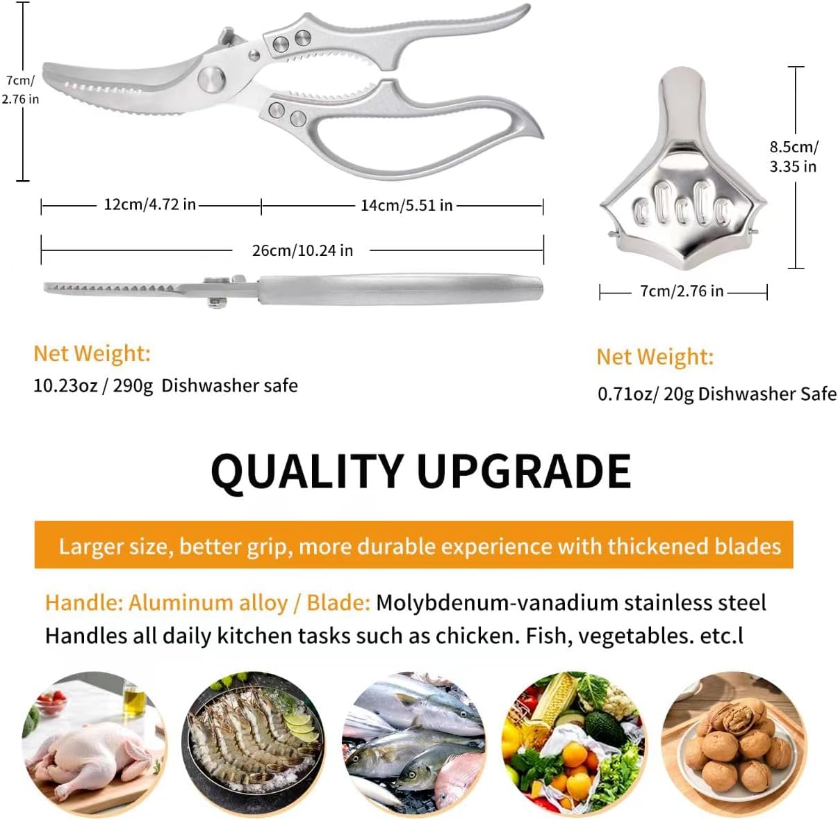 Heavy Duty Poultry Shears Chicken Turkey Fish Veg Bone Cut | Spring Rebound Safety Lock Non-Slip Alu Grip Rustproof Mo-V Blade Fish Scaler Dishwasher Safe Bonus Lemon Squeezer Nut Opener