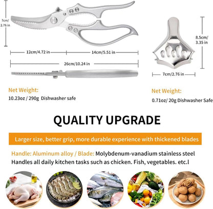 Heavy Duty Poultry Shears Chicken Turkey Fish Veg Bone Cut | Spring Rebound Safety Lock Non-Slip Alu Grip Rustproof Mo-V Blade Fish Scaler Dishwasher Safe Bonus Lemon Squeezer Nut Opener