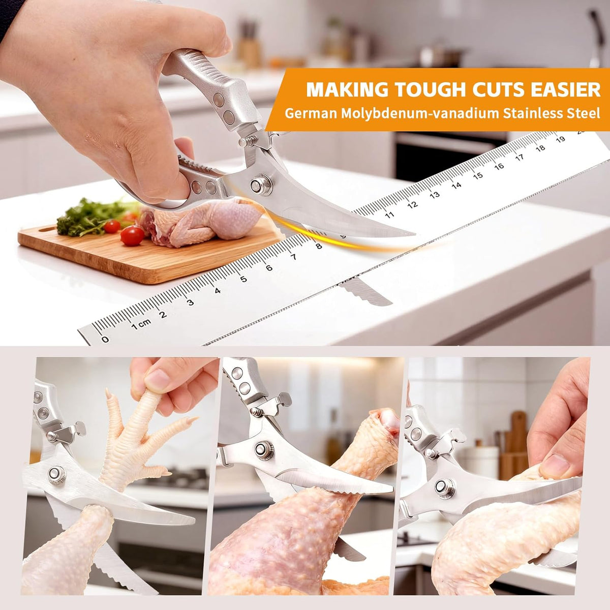 Heavy Duty Poultry Shears Chicken Turkey Fish Veg Bone Cut | Spring Rebound Safety Lock Non-Slip Alu Grip Rustproof Mo-V Blade Fish Scaler Dishwasher Safe Bonus Lemon Squeezer Nut Opener