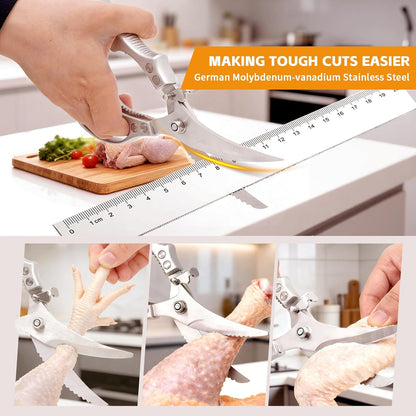 Heavy Duty Poultry Shears Chicken Turkey Fish Veg Bone Cut | Spring Rebound Safety Lock Non-Slip Alu Grip Rustproof Mo-V Blade Fish Scaler Dishwasher Safe Bonus Lemon Squeezer Nut Opener